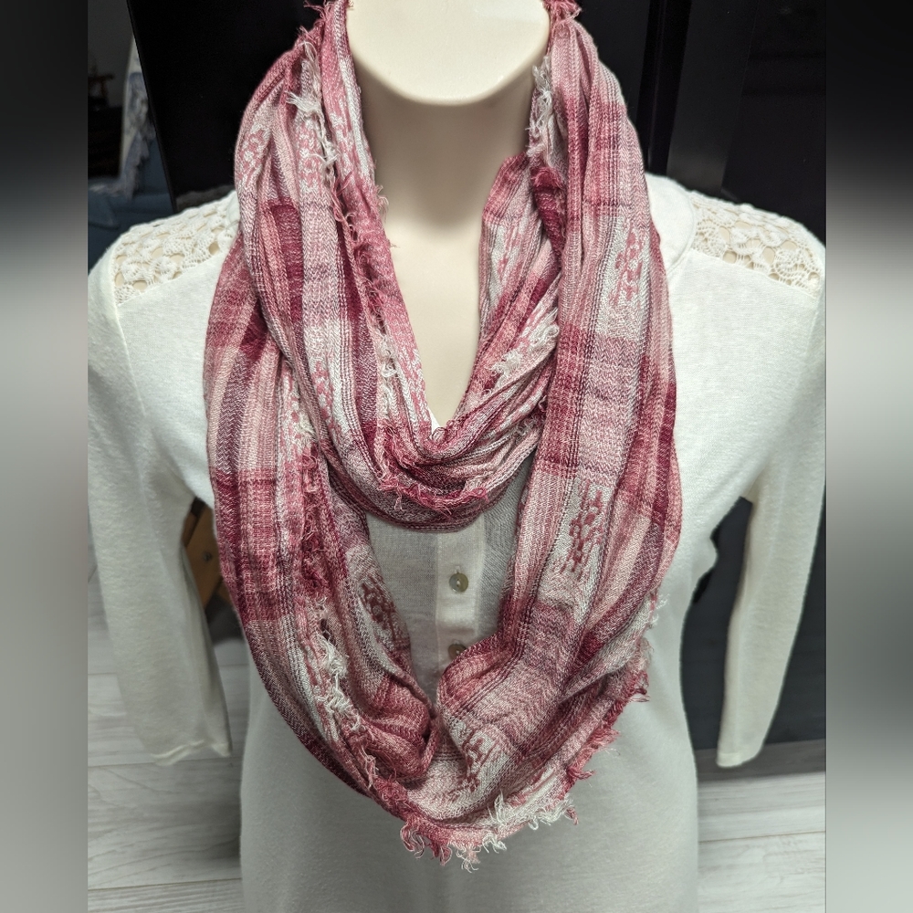 Maurices Pink Burgundy Plaid Frayed Hem Infinity Scarf